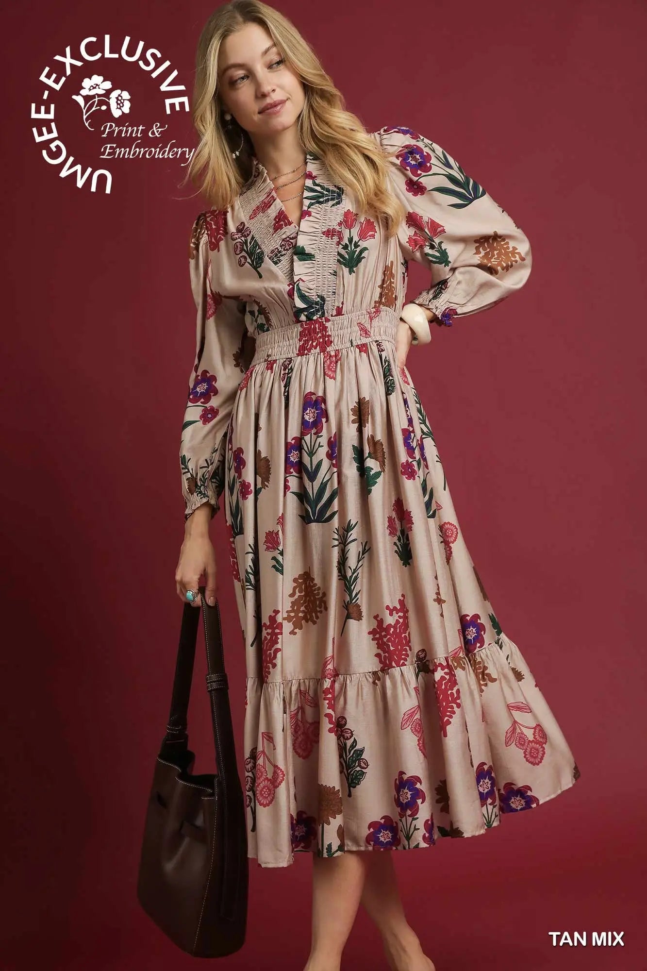 Mix Floral Print Tan Mix Midi Dress