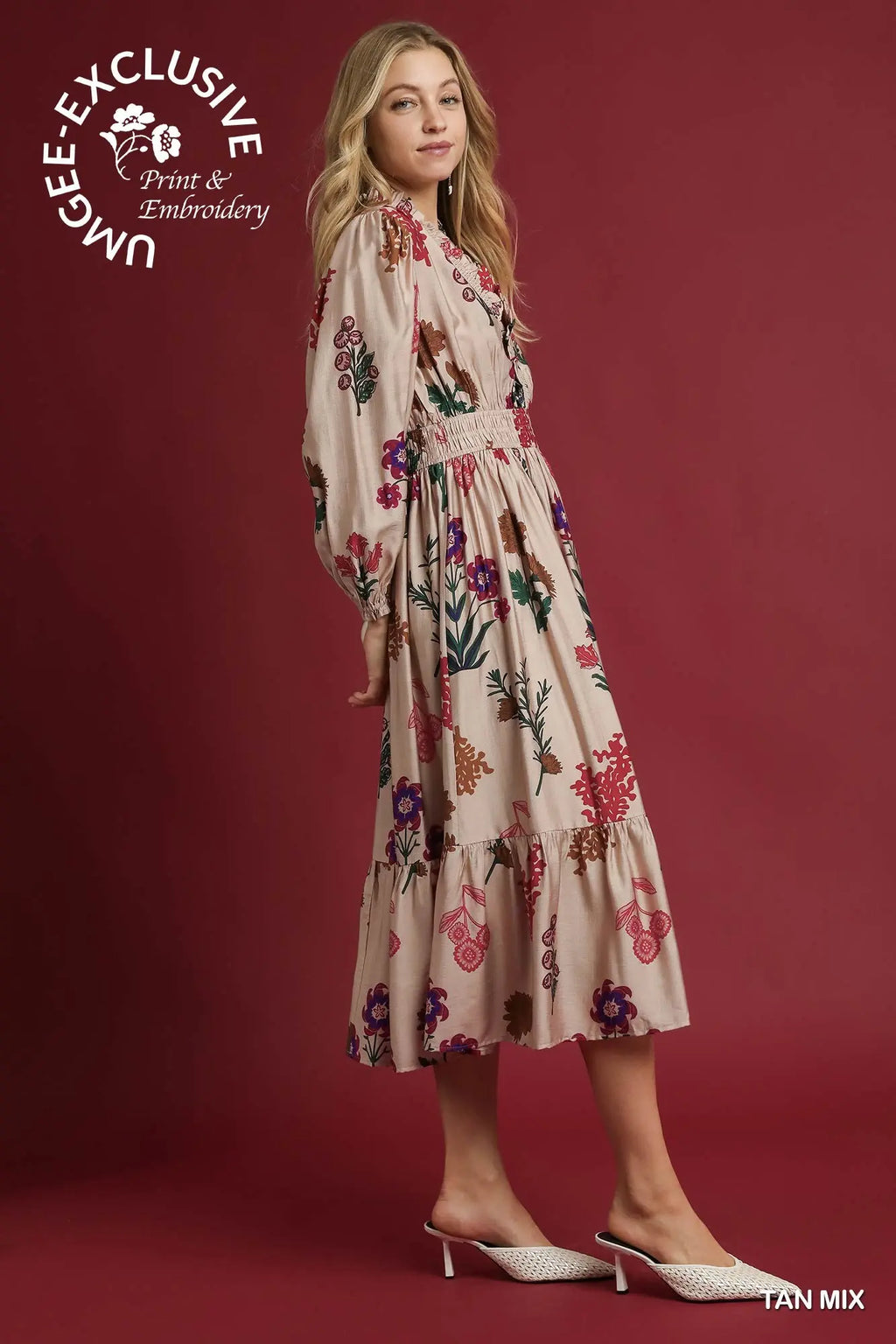 Mix Floral Print Tan Mix Midi Dress