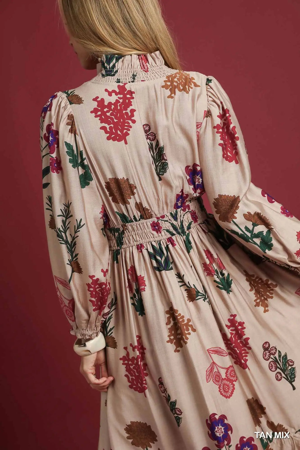 Mix Floral Print Tan Mix Midi Dress