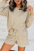 Striped Textured Knit Long Sleeve Top and Short 2pc Set