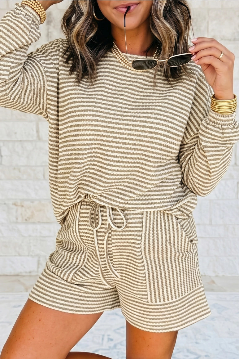 Striped Textured Knit Long Sleeve Top and Short 2pc Set