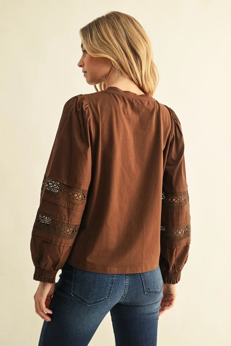 Long Puff Sleeve Mix Media Lace Detail Top