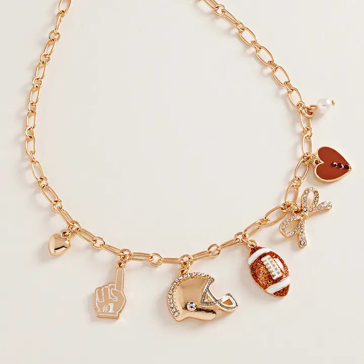 Football Bow Heart & Pearl Charm Necklace