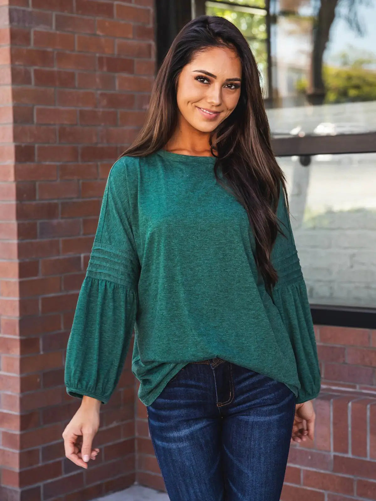 Casey Top 3/4 Pleated Sleeve Green Top
