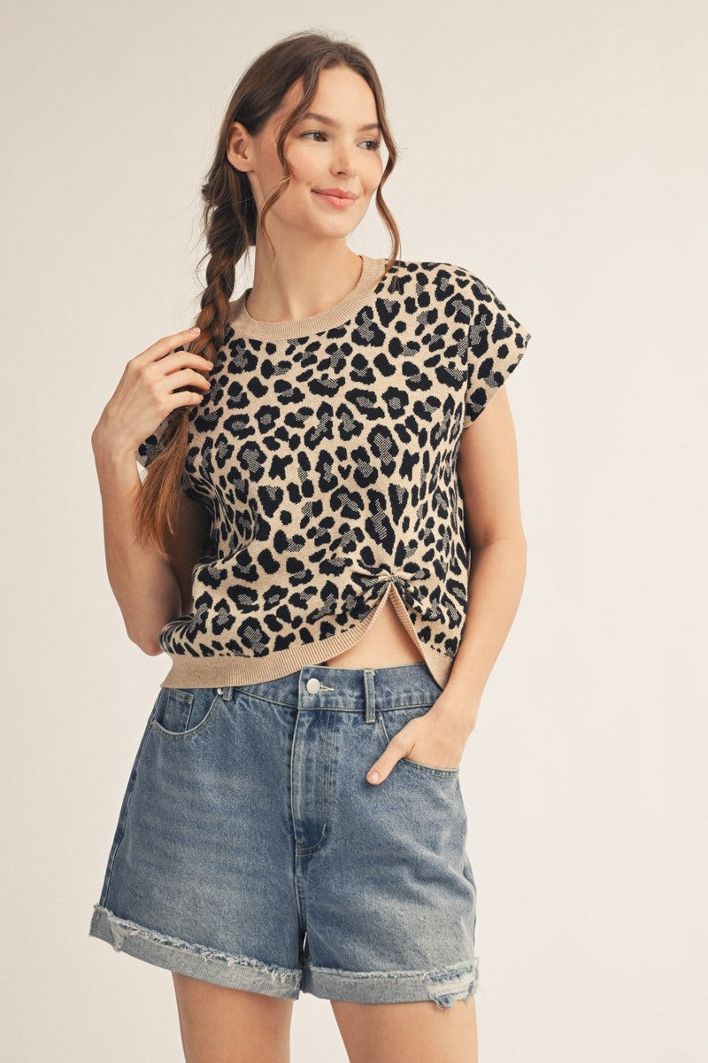 Drop shoulder leopard sweater top with knot detail