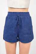 Elastic Waist Solid Linen Shorts - Blue