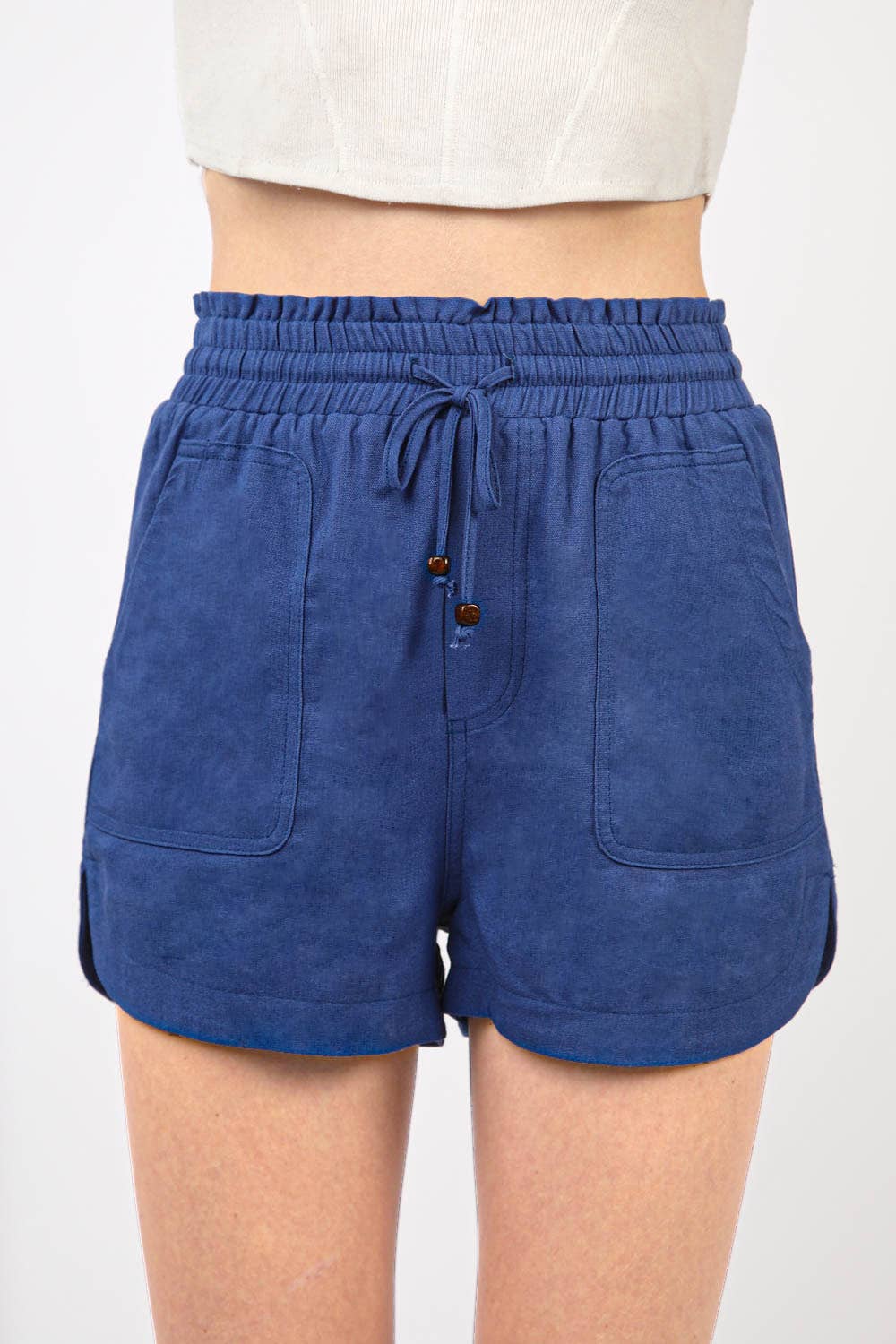 Elastic Waist Solid Linen Shorts - Blue