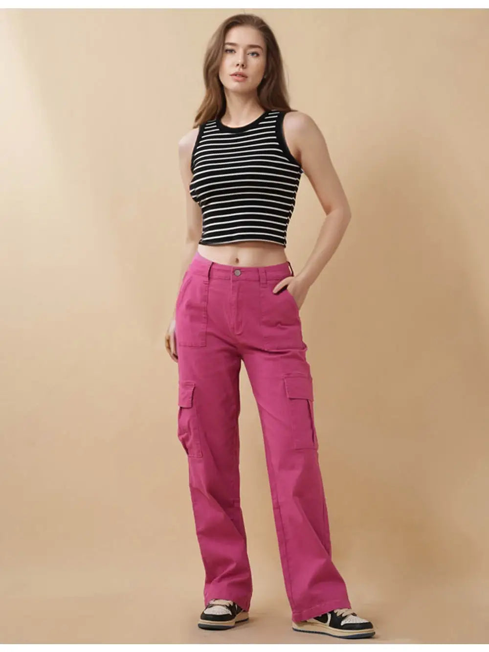 Cargo Jean Button Pocket Straight Leg Pink Denim Pant