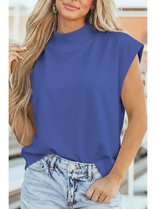 High Mock Neck Cap Sleeve Loose Top