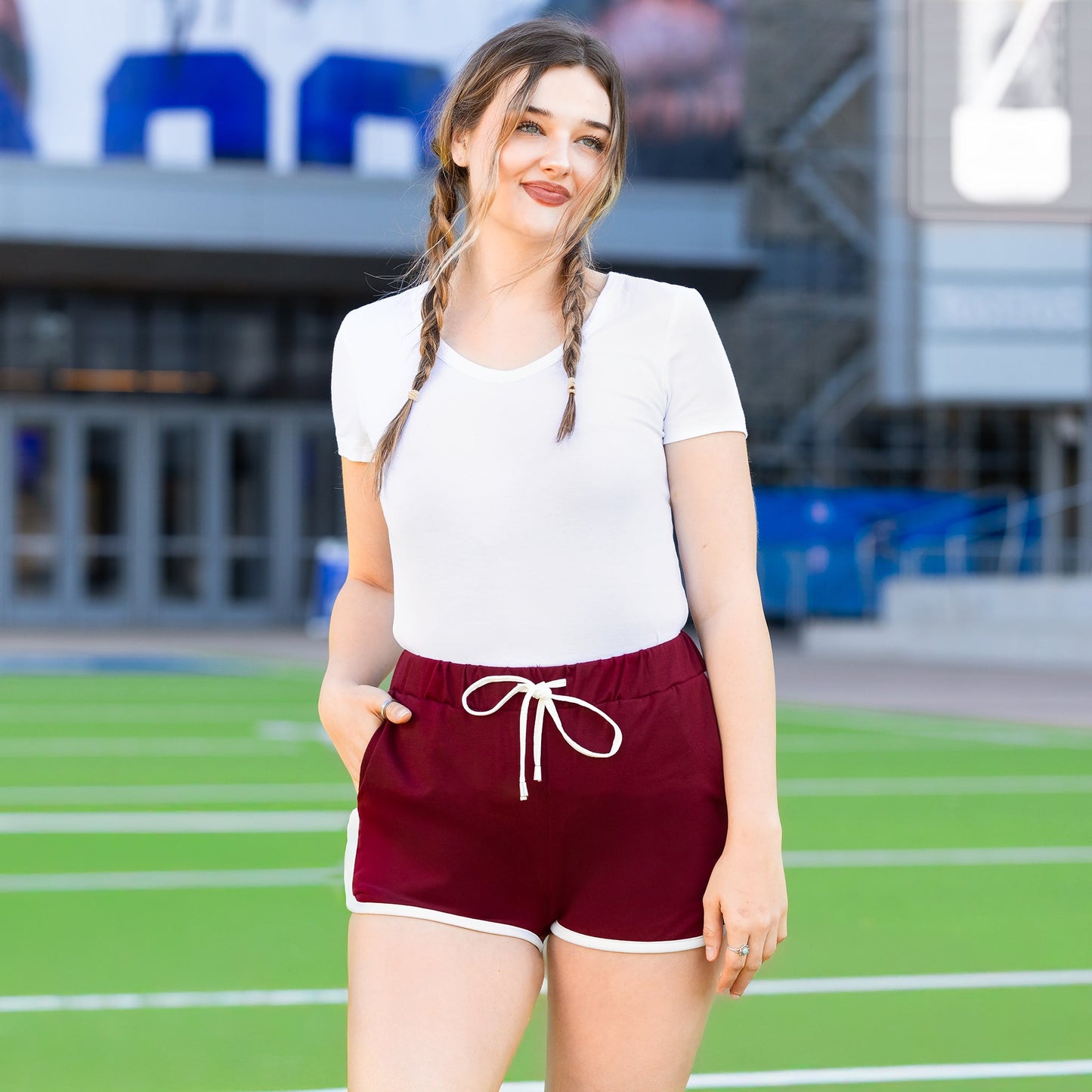 High-Waisted Varsity Game Day Shorts with Pockets - Burgundy