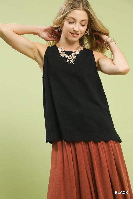 Linen Scallop Hem Sleeveless Black Top