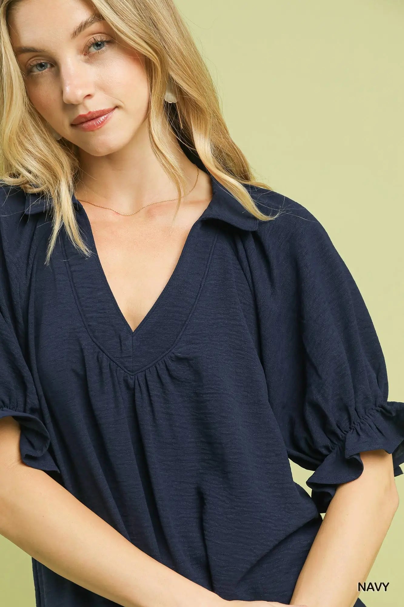 Solid Collared V-Neck Puff Sleeve Navy Top