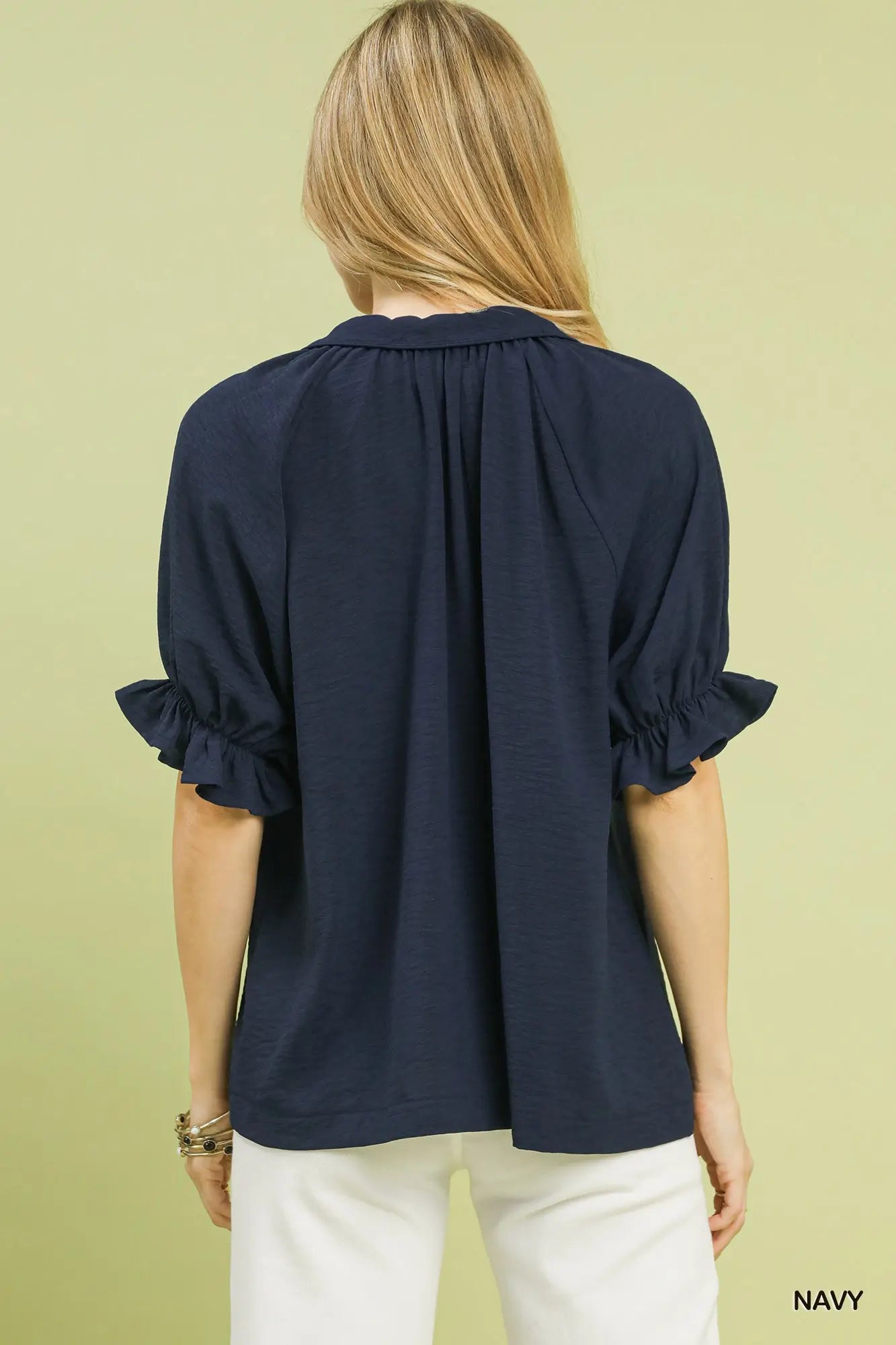 Solid Collared V-Neck Puff Sleeve Navy Top
