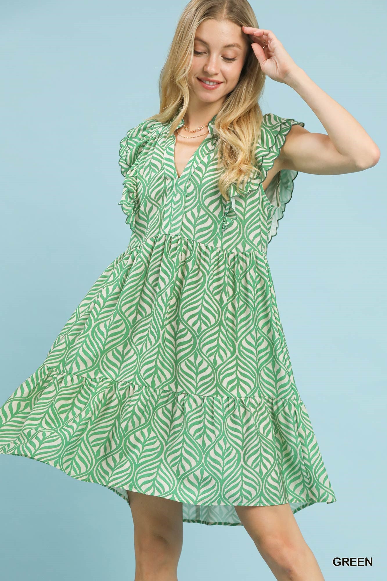 Leaf Print Tiered Mini Dress with Ruffle Sleeves