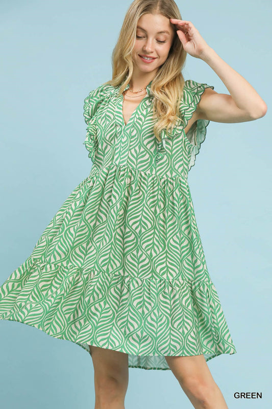 Leaf Print Tiered Mini Dress with Ruffle Sleeves