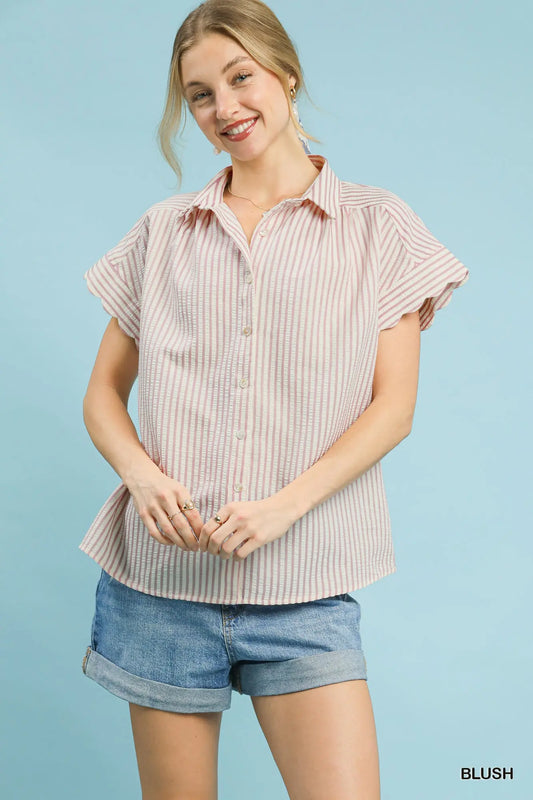 Blush Striped Button-Down Top with Scallop Sleeves