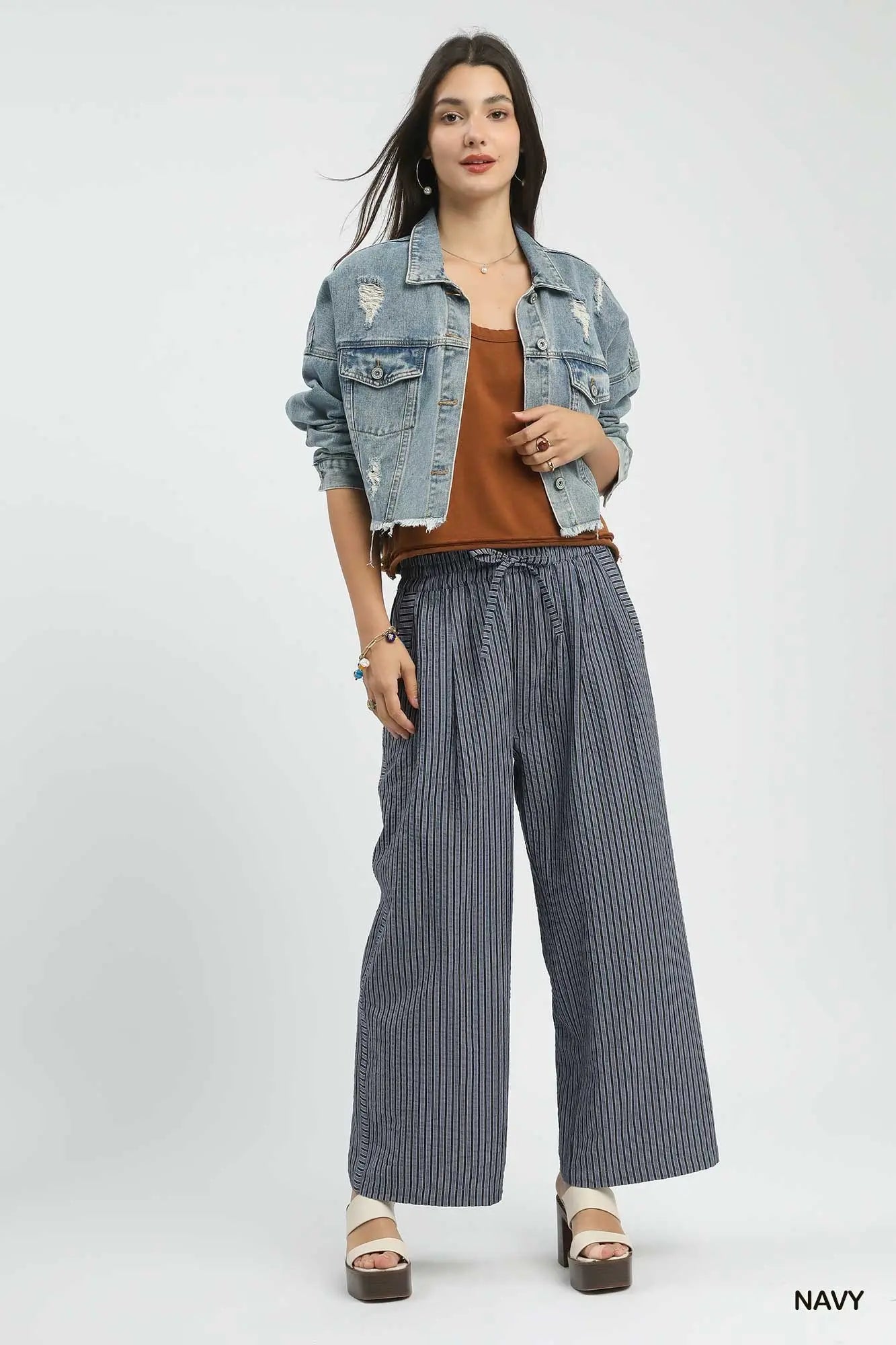 Striped Navy Wide-Leg Pants