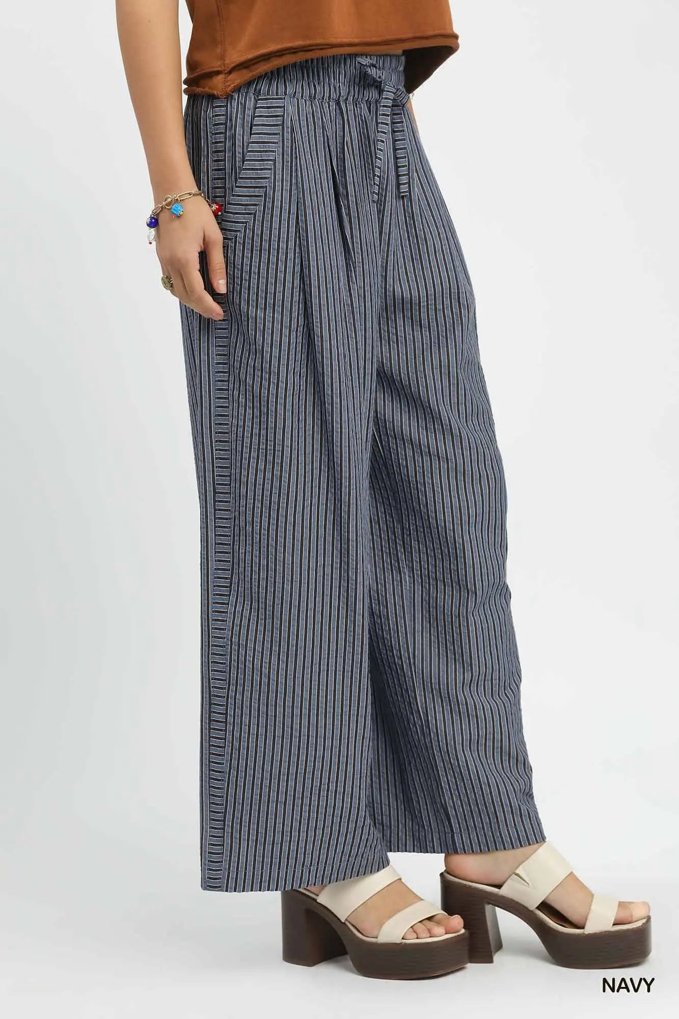 Striped Navy Wide-Leg Pants