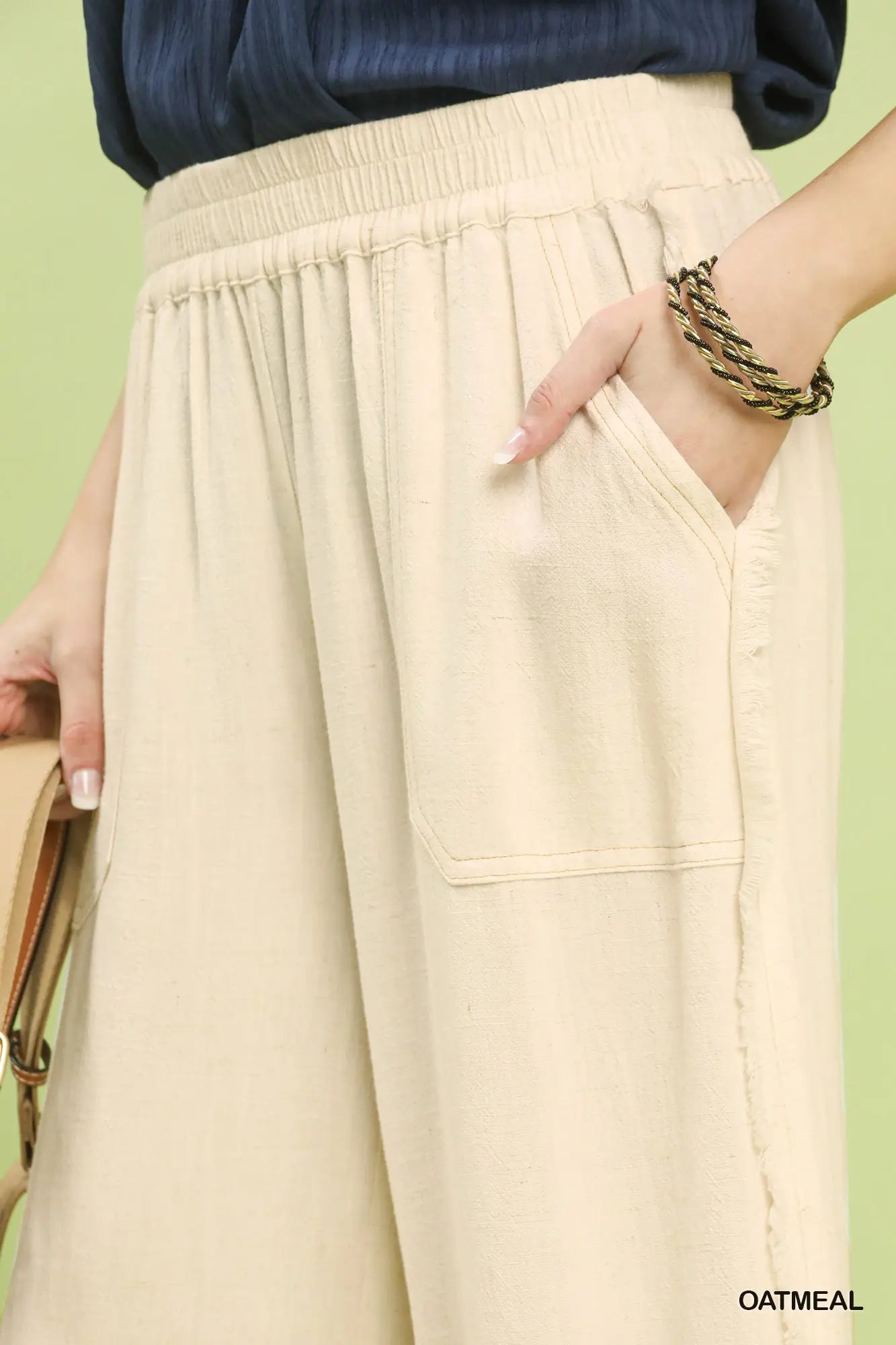 Linen Frayed Side Pocket Wide Leg Oatmeal Pants