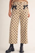 Straight Leg Polka Dot Cream Pants With Bow