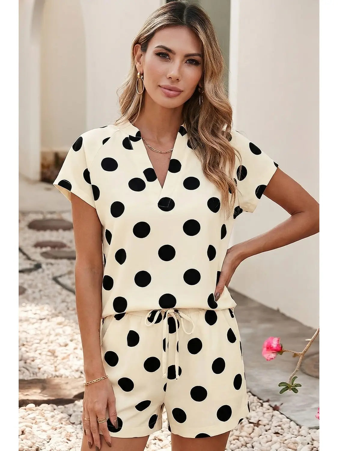 Black & White Polka Dot High Waist Short Sleeve Set