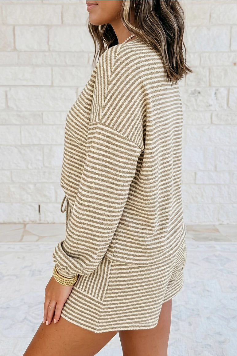 Striped Textured Knit Long Sleeve Top and Short 2pc Set