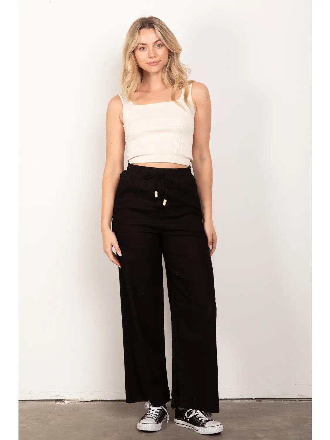 Elastic Waist Solid Linen Comfy Wide Pants