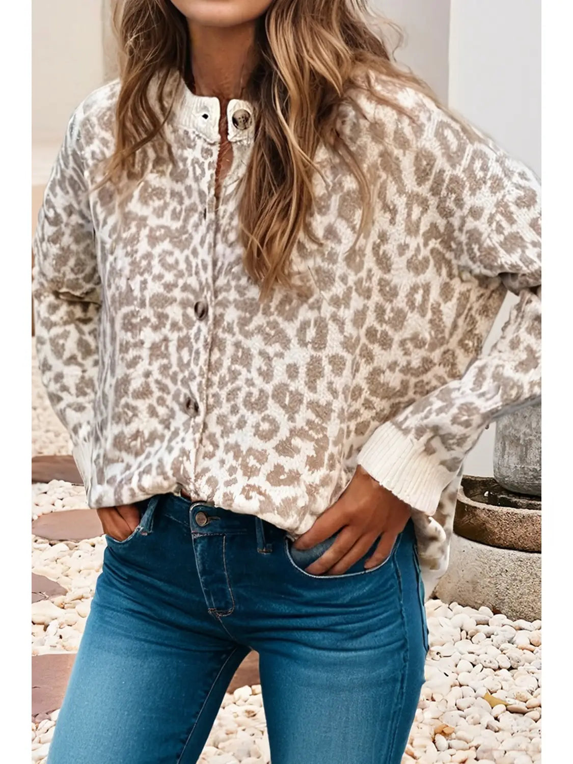 Leopard Drop Shoulder Chunky Knitted Cardigan Sweater