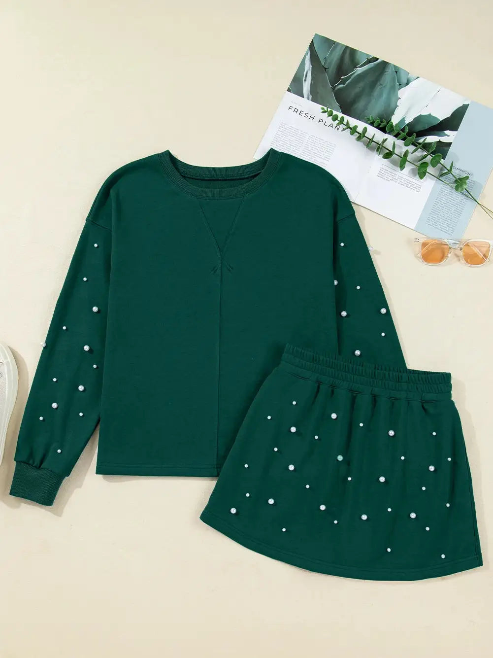 Dark Green Pearl Embellished Skort 2 Piece Set