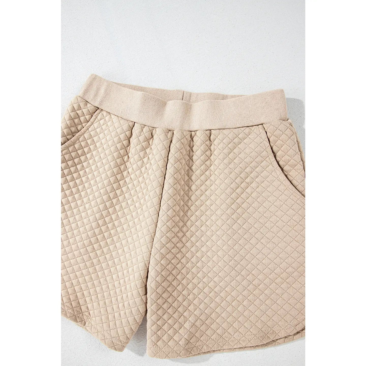 Quilted Plain Long Sleeve Pullover & Shorts Set - Beige