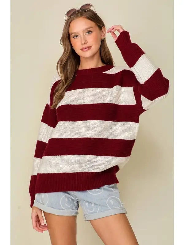 Burgundy White Striped Sweater