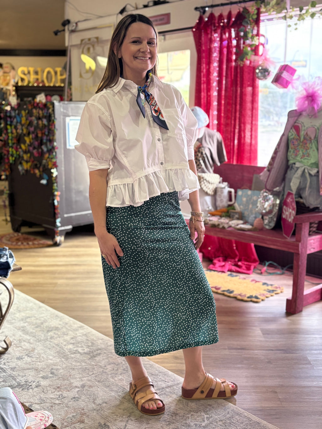 Polly Side Slit Midi Skirt - Dot Green