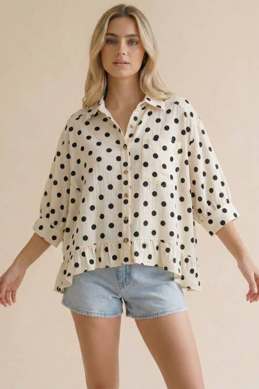 Collared Button Down Peplum Polka Dot Print