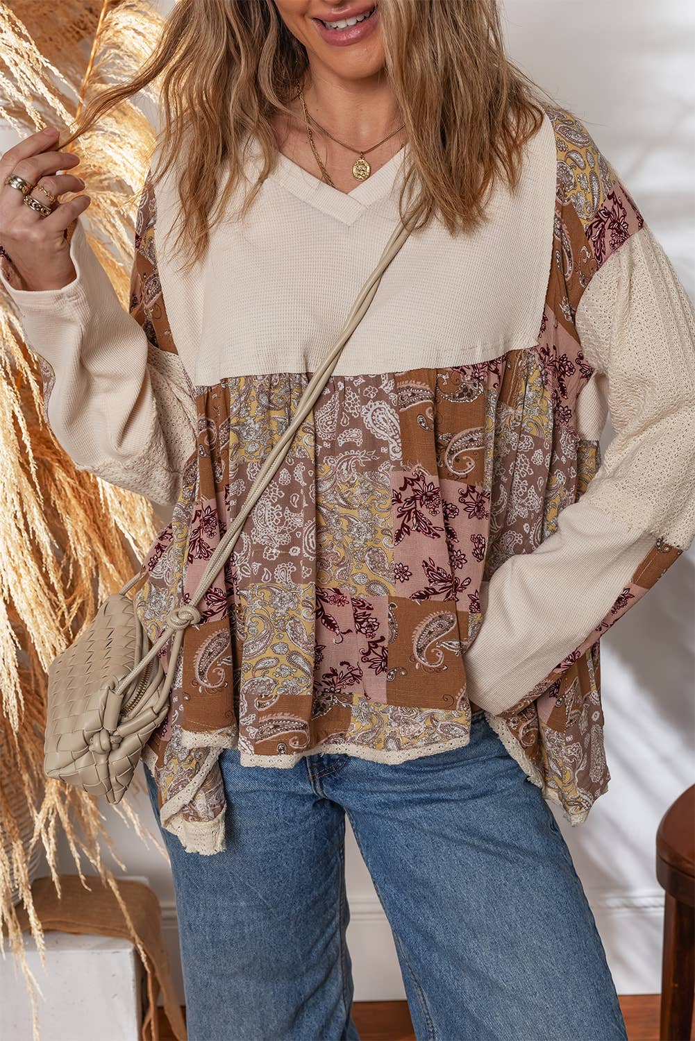 Paisley Contrast Patchwork Long Sleeve Loose Top