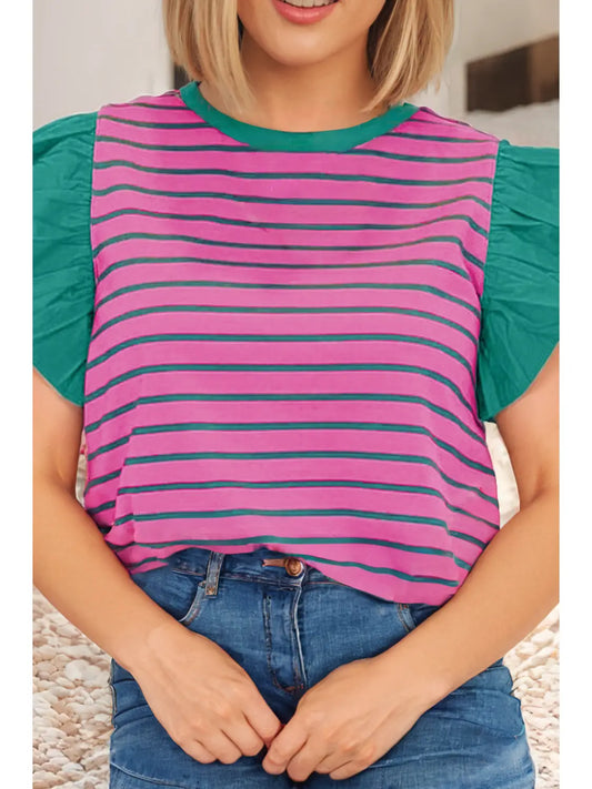 Stripe Colorblock Ruffled Sleeve Crew Neck Blouse