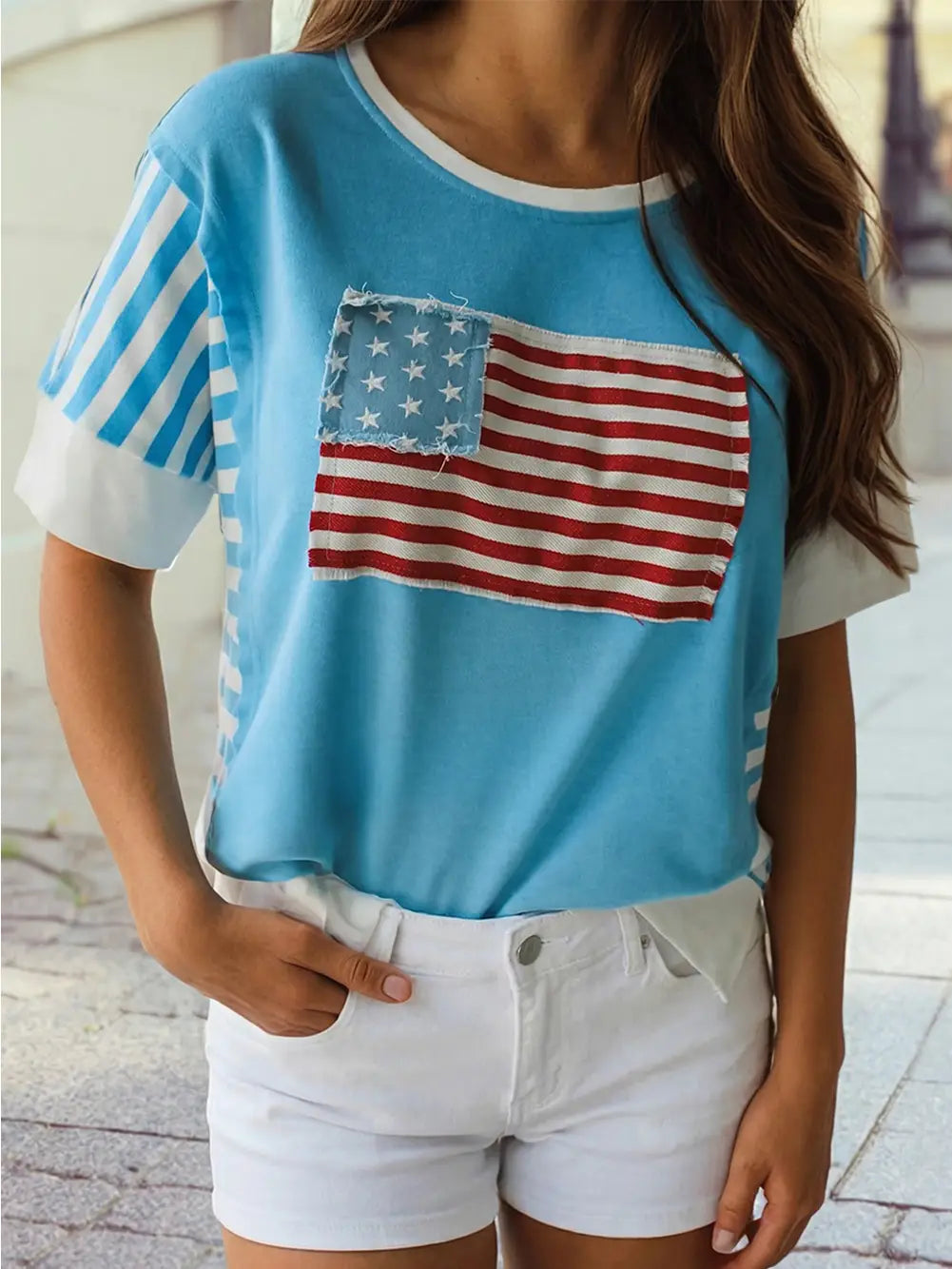 Flag Print Patchwork Color Block USA Shirt