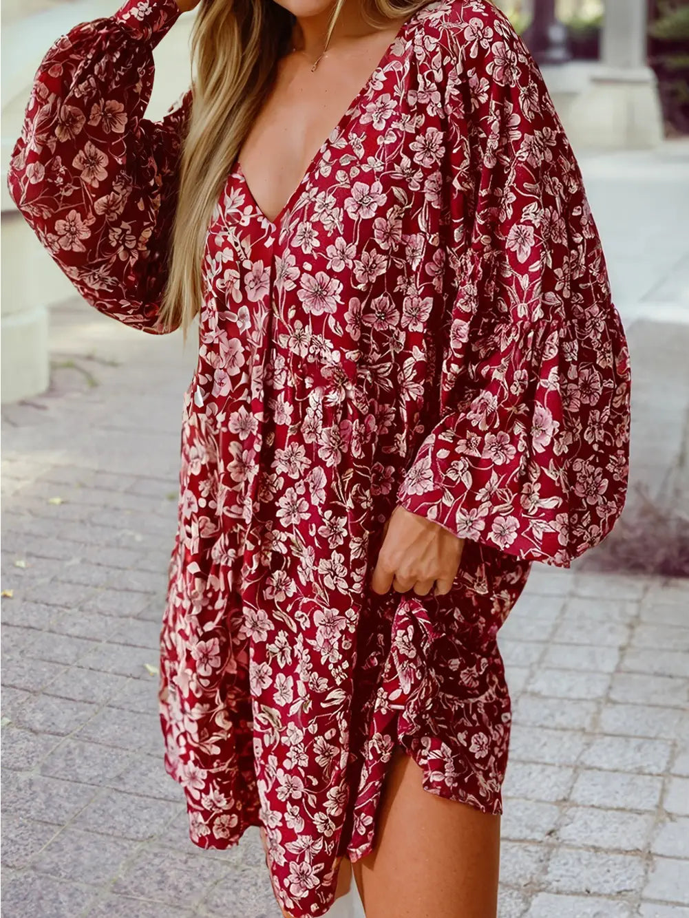 Floral Balloon Sleeve V Neck Relaxed Dress - Plus Size