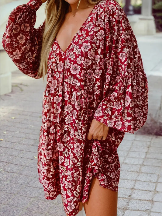 Floral Balloon Sleeve V Neck Relaxed Dress - Plus Size