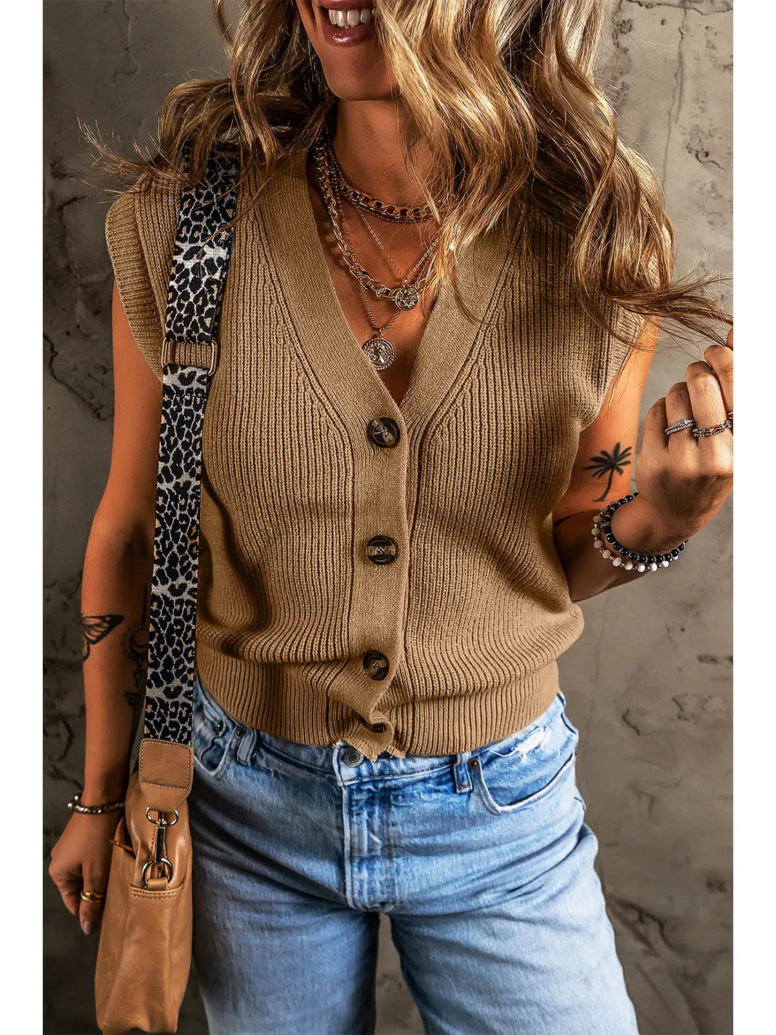 V Neck Buttoned Front Sweater Vest