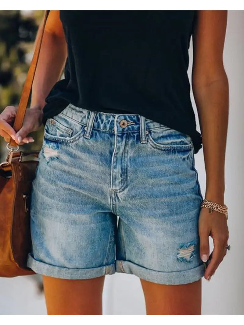 High Waist Rolled Hem Denim Shorts