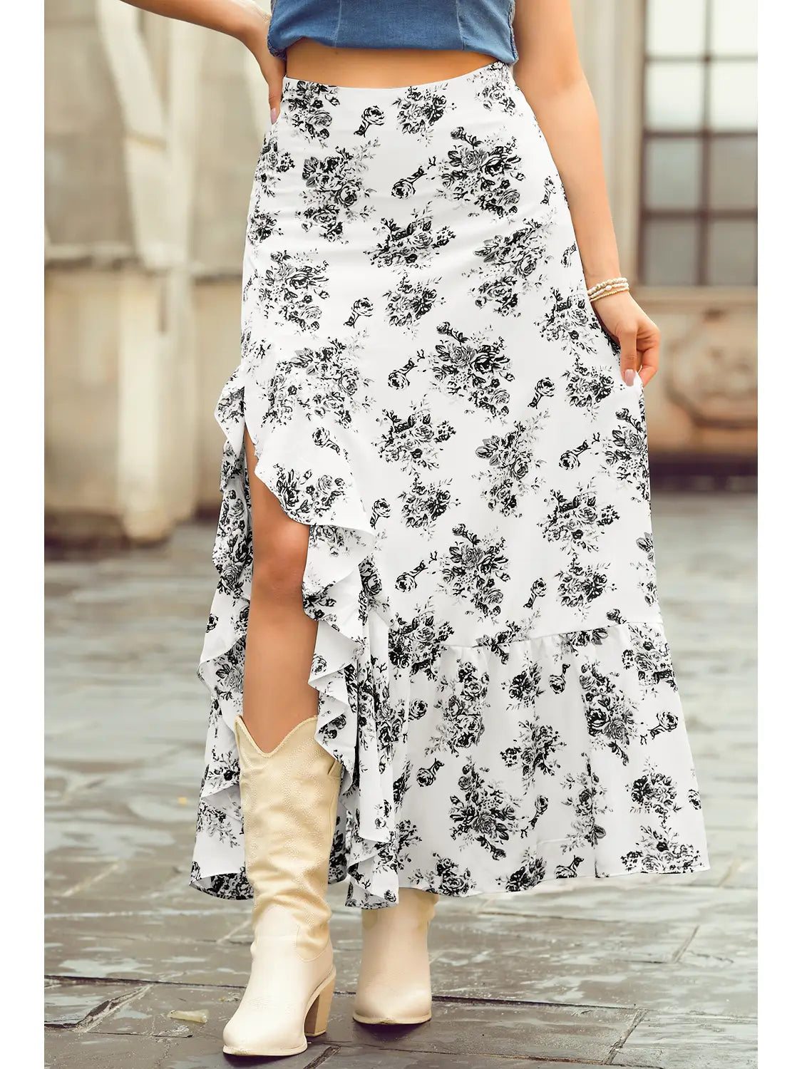Boho Black Floral High Waist Ruffled Maxi Skirt