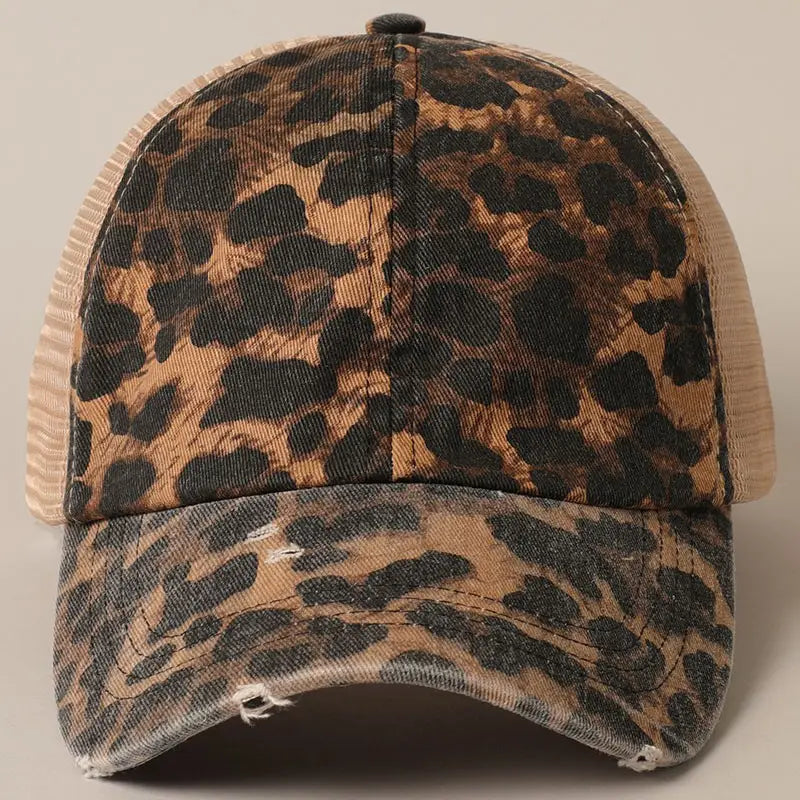 Leopard Print Distressed Mesh Back Cap