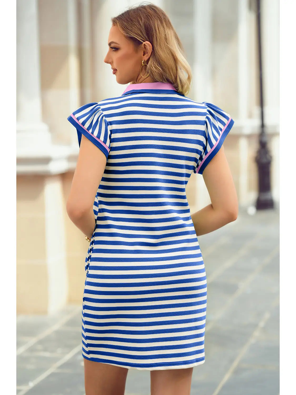 Stripe Collar Split Neck Flutter Sleeve Blue Plus Size Dress