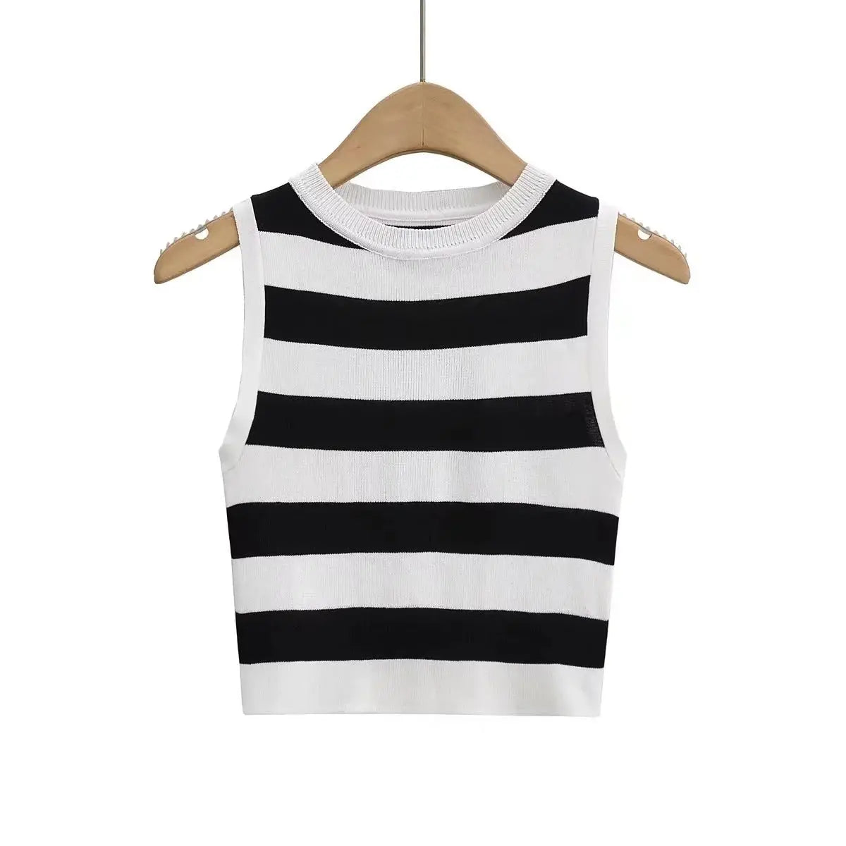Stripe Round Neck Sleeveless Close Fitting Top