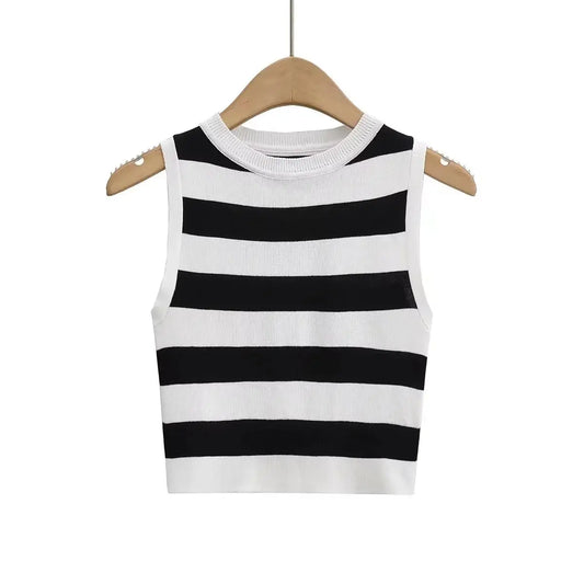 Stripe Round Neck Sleeveless Close Fitting Top