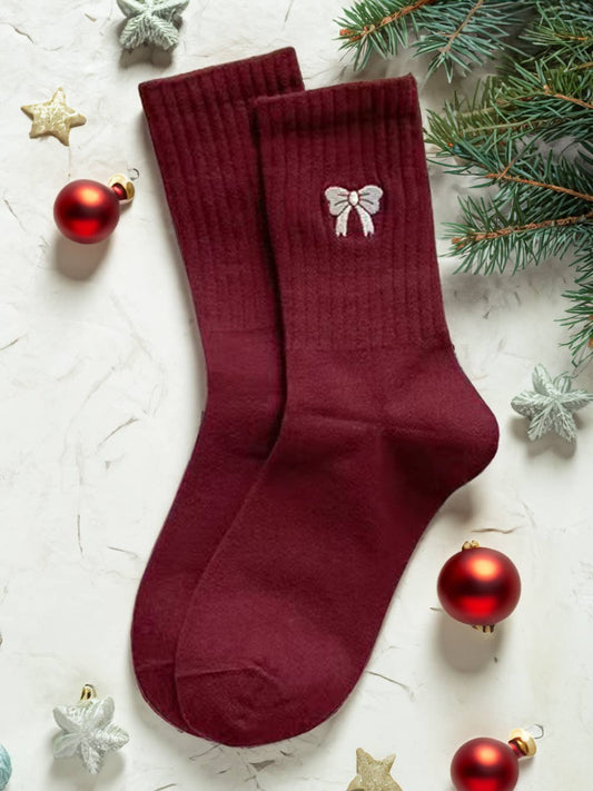Embroidered Bowknot Ribbed Crew Socks