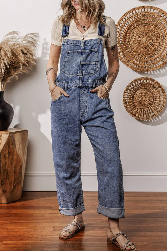 Denim Bib Straight Leg Jumpsuit with Pockets