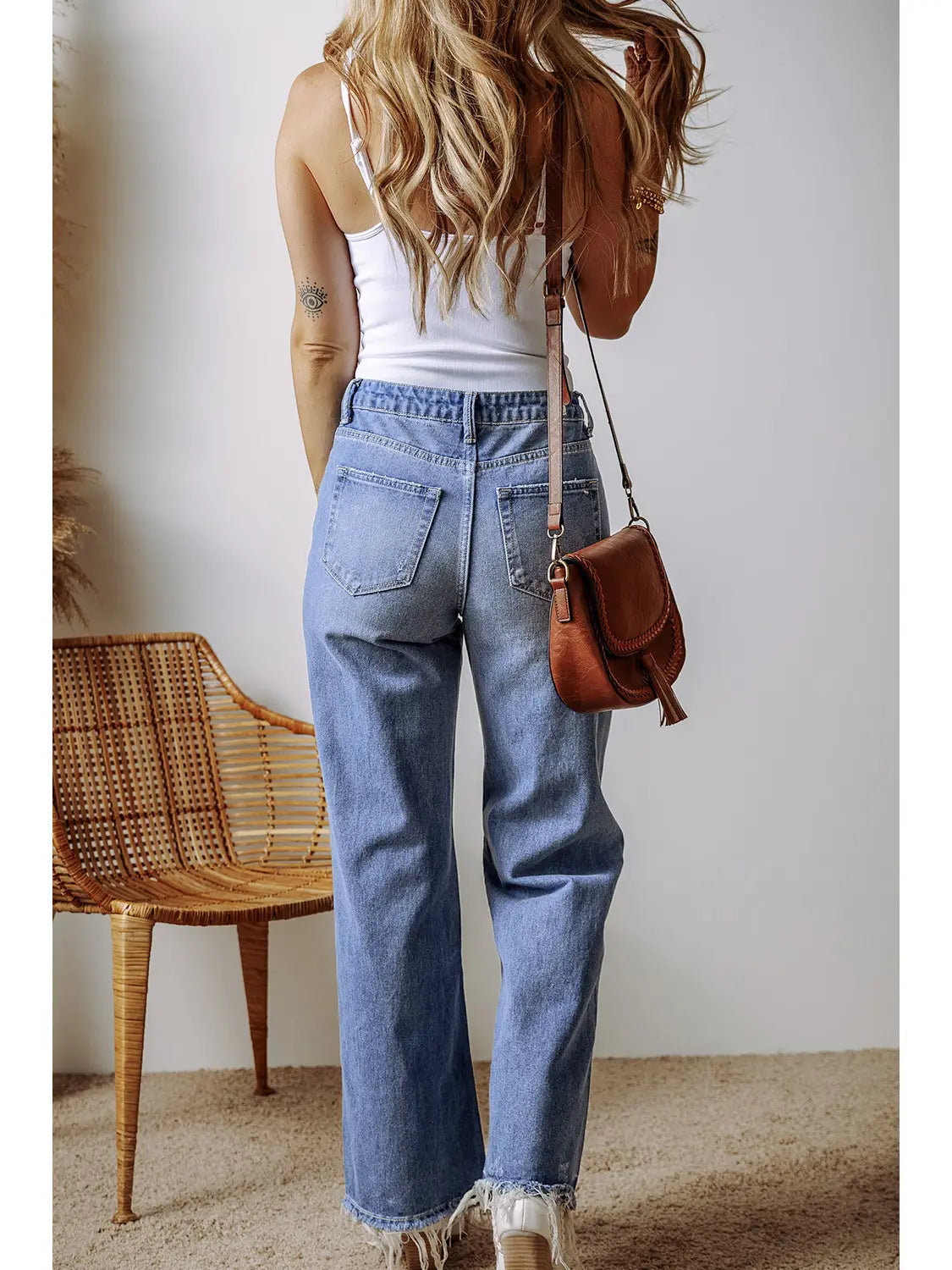 Distressed Raw Hem Straight Leg High Waist Jeans