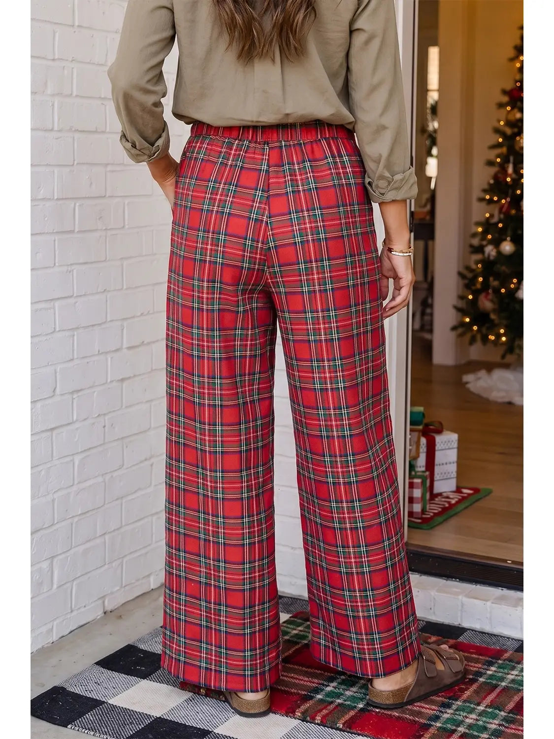 Christmas Festive Plaid Wide Leg Pull On Pants