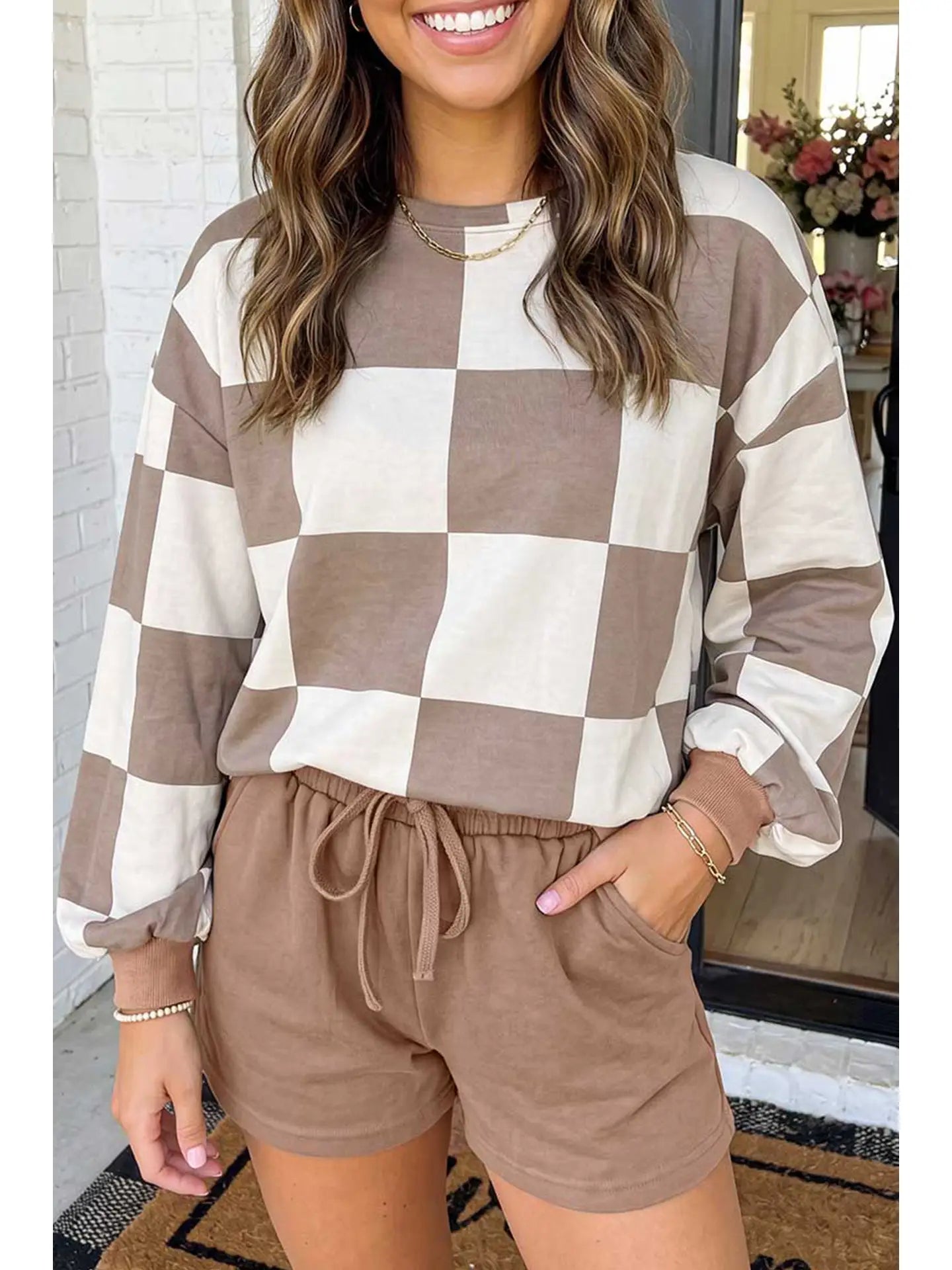 Plaid Coffee Top & Solid Drawstring Shorts Set